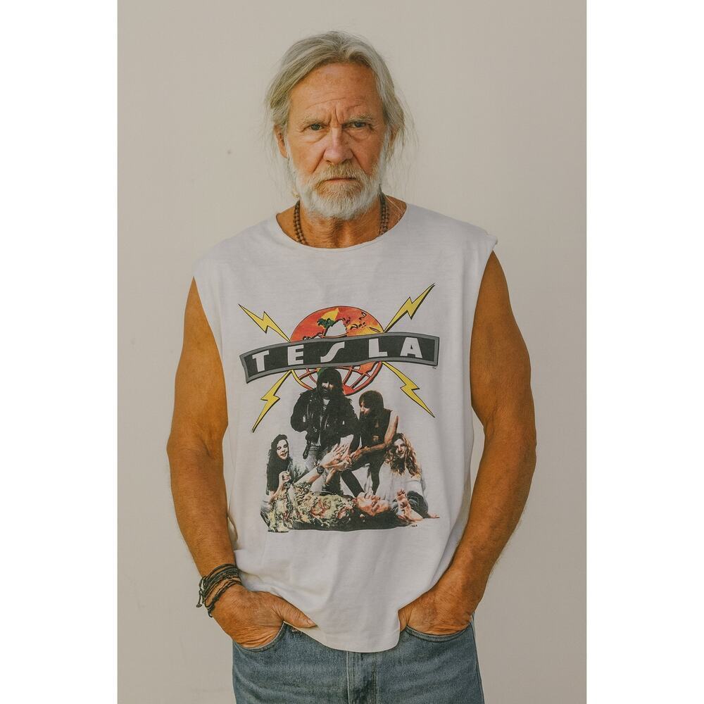 Vintage 90s Tesla Psychotic Supper Sleeveless Graphic Tour T-Shirt White Multi